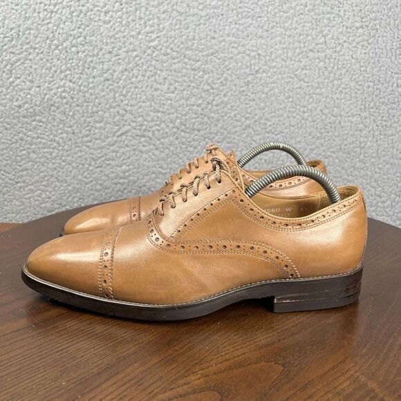 Paul Fredrick Oxford Shoes Mens 8.5 Tan Brown Leather Cap Toe Brogue Made‎ Italy - Picture 1 of 16